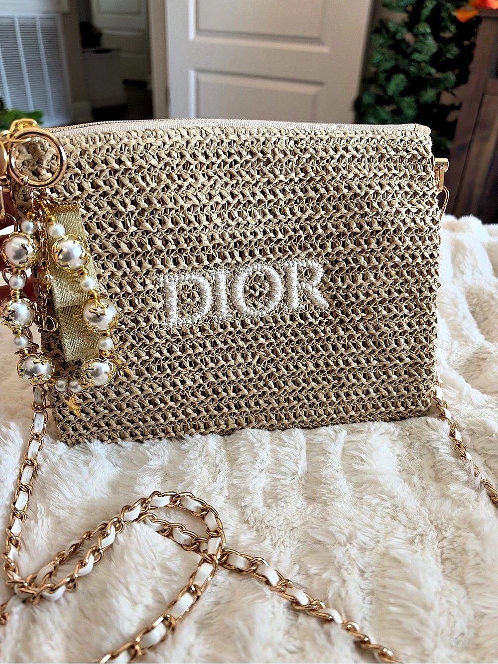 Dior Beauty Raffia Straw Cosmetic Pouch Converted with Pearl Chain Crossbody